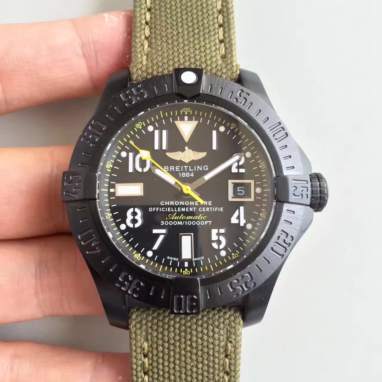 BL공장 브라이틀링 어벤져2 씨울프 블랙 PVD 아라빅 옐로우핸즈 Breitling Avenger2 SeaWolf Black PVD Arabic Yellow Hand 올리브스트랩