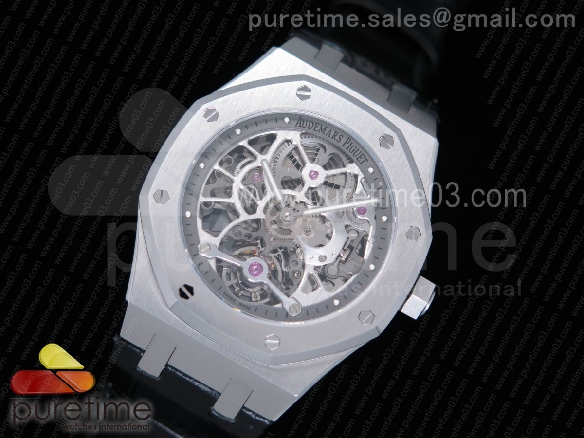 오데마피게 스켈레톤 투어빌론 스틸 블랙가죽스트랩 Royal Oak Fake Tourbillon SS Skeleton Dial on Black Leather Strap A23J