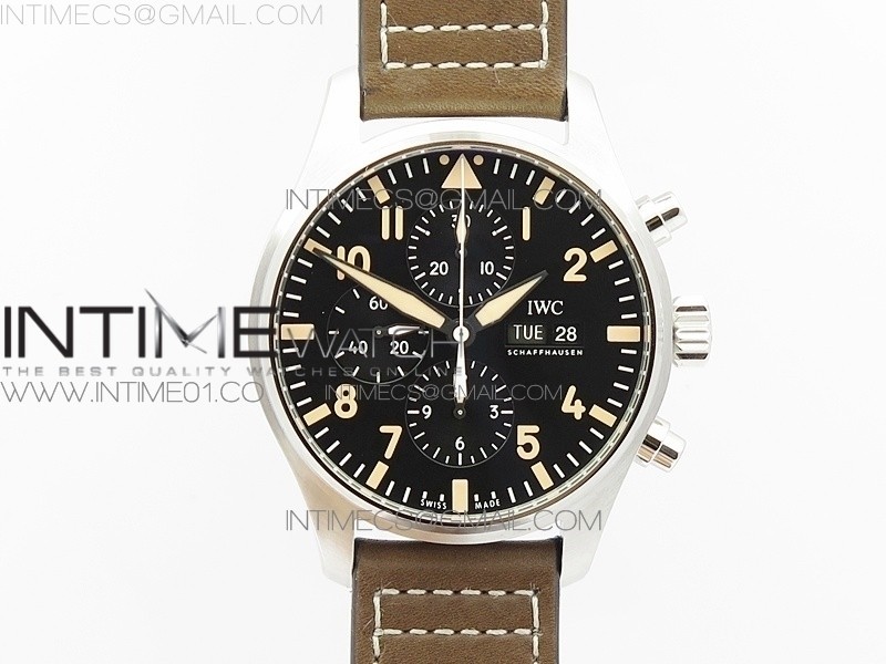 ZF공장 IWC 파일럿 20주년기념 한정판 PILOT CHRONO 20TH  BLACK DIAL ON BROWN LEATHER STRAP A7750