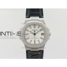 파텍필립 노틸러스 점보 5711 풀다이아몬드 화이트다이얼 악어가죽스트랩 NAUTILUS JUMBO 5711 SS FULL PAVED DIAMONDS WHITE DIAL CASE ON BLACK CROCO LEATHER STRAP A324