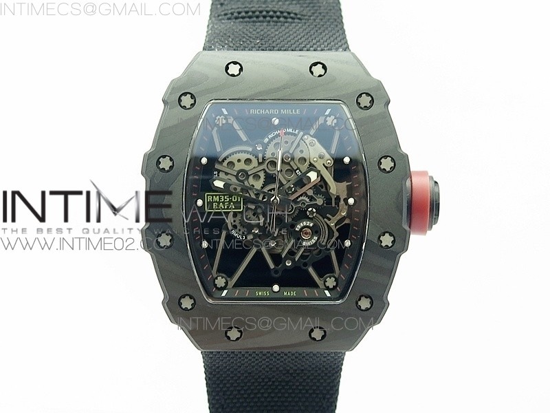 KV V2 리차드밀 RM035-01 카본 레드크라운 블랙나일론스트랩 RM035-01 FORGED CARBON CASE V2 SKELETON DIAL RED CROWN ON BLACK NYLON STRAP MIYOTA8215