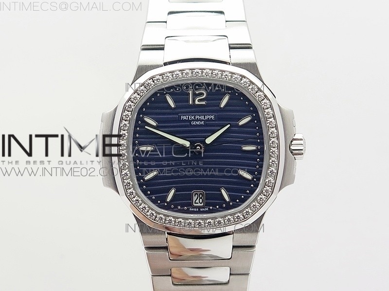 PF공장 파텍필립 노틸러스점보 레이디 7118 스틸 다이아몬드베젤 블루다이얼 NAUTILUS JUMBO LADIES 7118 BLUE TEXTURED DIAL DIAMONDS BEZEL ON SS BRACELET A324 CLONE