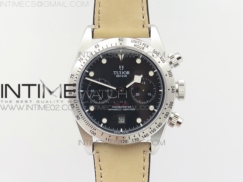 튜더 헤리티지 크로노그래프 79530 스틸 블랙다이얼 HERITAGE 79530 SS SILVER BEZEL BLACK DIAL ON LEATHER STRAP A7750