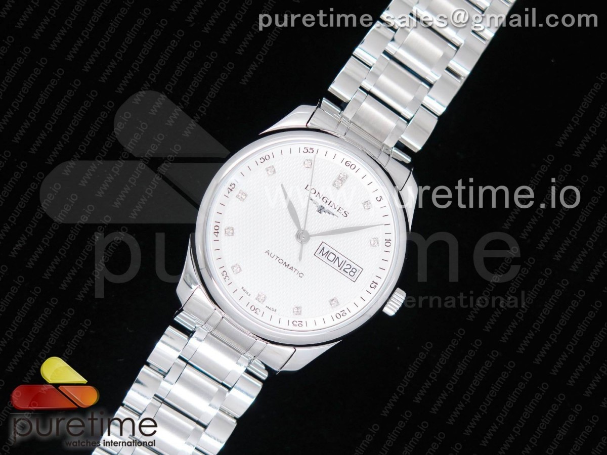 LG공장 론진 마스터 데이데이트 스틸 화이트다이아몬드다이얼 가죽스트랩 Master Day Date SS White Textured Dial Diamonds Markers on SS Bracelet A2824