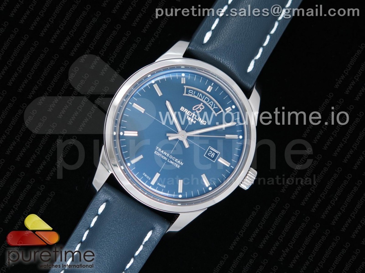 V7공장 브라이틀링 트랜스오션 데이데이트 스틸 블루다이얼 가죽스트랩  Breitling Transocean Day & Date Automatic SS Blue Dial on Blue Leather Strap A2836