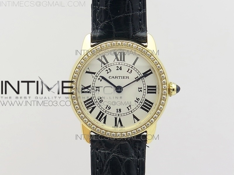 K11공장 까르띠에 롱드솔로 29mm 옐로우골드&다이아케이스 화이트다이얼 가죽스트랩 RONDE SOLO DE CARTIER 29MM YG/DIA WHITE DIAL ON BLACK CROCO LEATHER STRAP RONDA QUARTZ