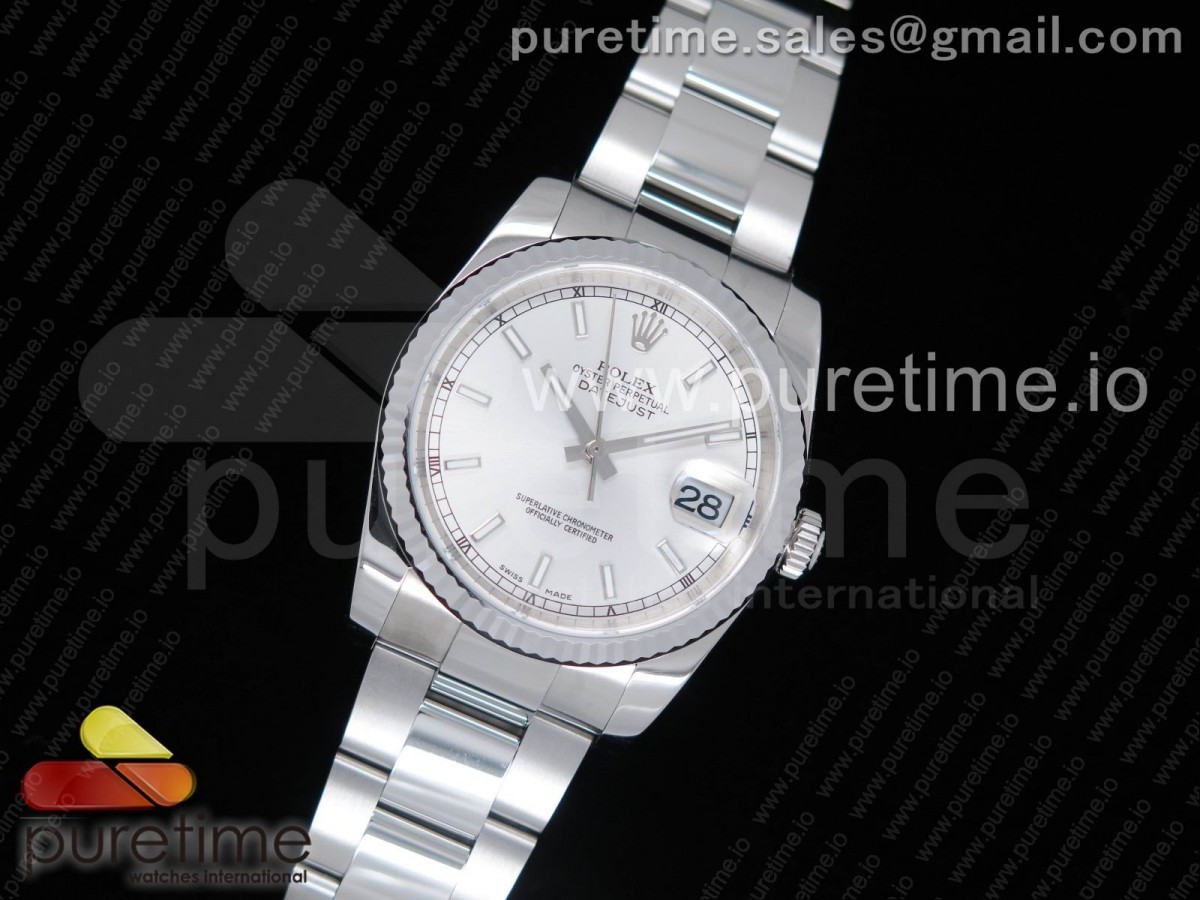 DJ공장 롤렉스 904 데이저스트36 스틸 실버바다이얼 플루티드베젤 오이스터브레이슬릿 DateJust 36 SS 116234 Fluted Bezel Silver Dial Stick Markers on SS Oyster Bracelet A2836