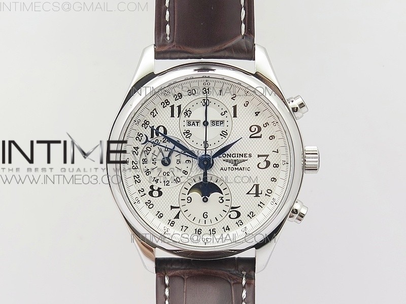 GS공장 론진 마스터컬렉션 문페이즈 스틸 화이트다이얼 가죽스트랩 MASTER MOONPHASE CHRONOGRAPH SS WHITE DIAL ON BROWN LEATHER STRAP A7751