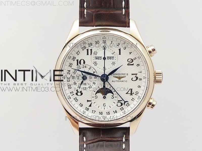 GS공장 론진 마스터컬렉션 문페이즈 로즈골드금장 화이트다이얼 가죽스트랩 MASTER MOONPHASE CHRONOGRAPH RG WHITE DIAL ON BROWN LEATHER STRAP A7751