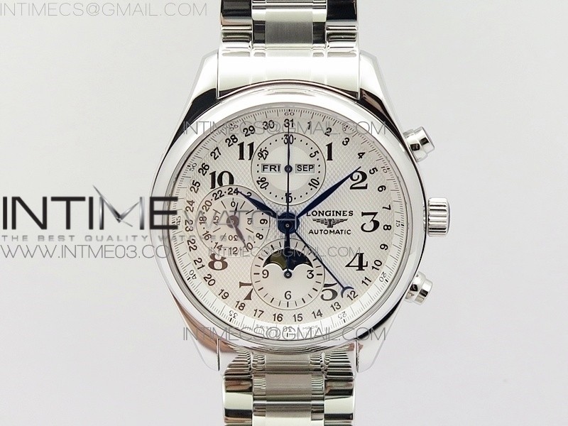 GS공장 론진 마스터컬렉션 문페이즈 스틸 화이트다이얼 브레이슬릿 MASTER MOONPHASE CHRONOGRAPH SS WHITE DIAL ON SS BRACELET A7751