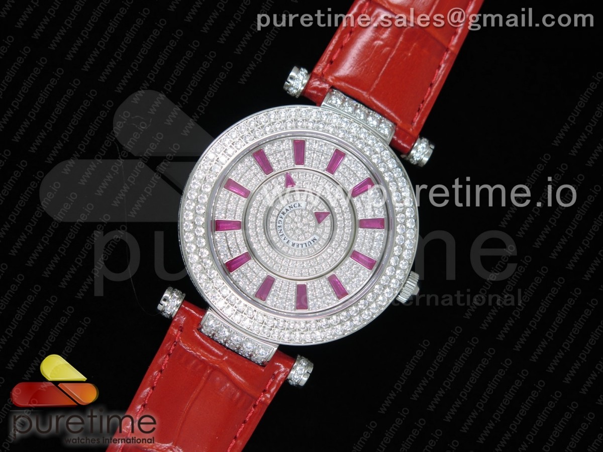 OX공장 프랭크뮬러 더블 미스테리 와치 스틸 풀다이아몬드 퍼플바게트 레드스트랩 Double Mystery Watch SS Diamonds Dial Red Markers on Red Leather Strap MIYOTA 9015