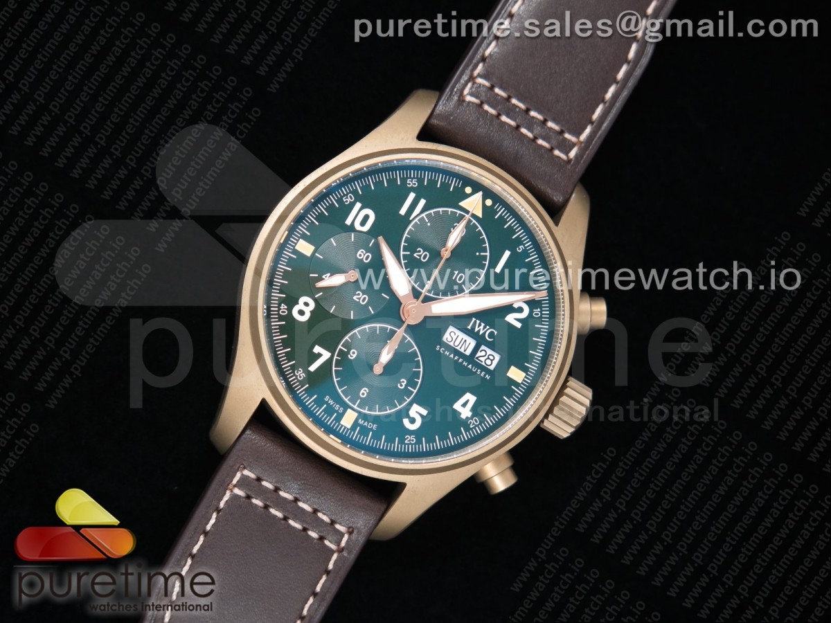 ZF공장 IWC 파일럿 크로노그래프 스핏파이어 브론즈케이스 그린다이얼 가죽스트랩 Pilot Chrono Spitfire IW387902 Bronze Green Dial on Brown Leather Strap A7750