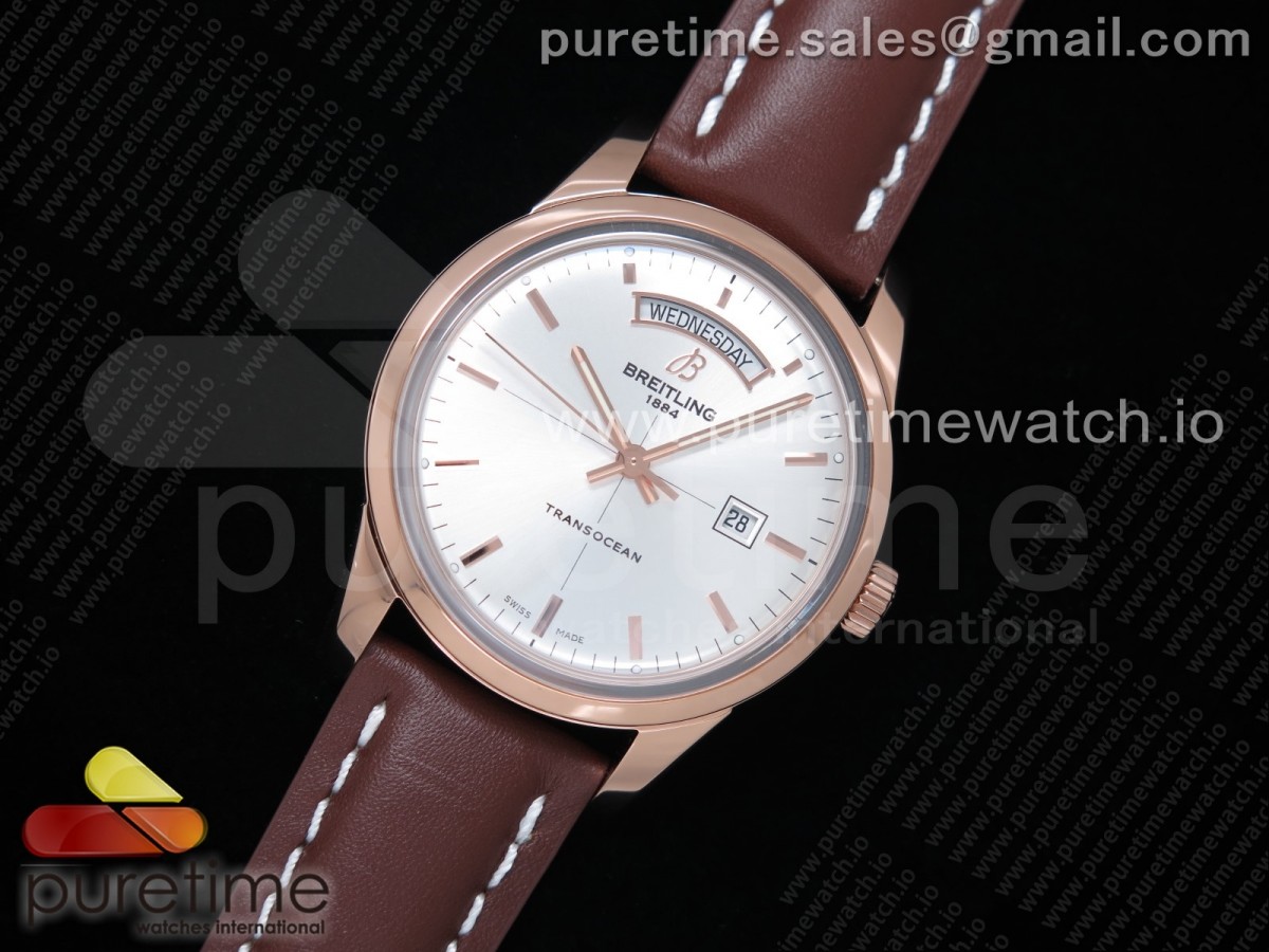 V7공장 브라이틀링 트랜스오션 데이데이트 로즈골드 금통 실버다이얼 가죽스트랩 Breitling Transocean Day & Date Automatic RG Silver Dial on Brown Leather Strap A2836