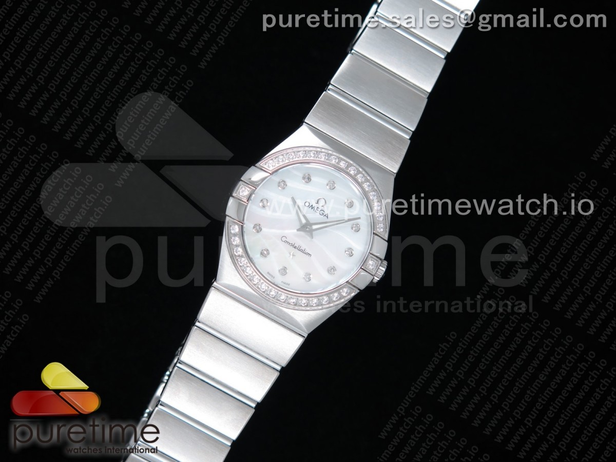 K11공장 오메가 컨스텔레이션 27MM 자개다이얼 브레이슬릿 Constellation Ladies 27mm SS Diamonds Bezel White MOP Textured Dial Diamonds Markers on SS Bracelet ETA Quartz