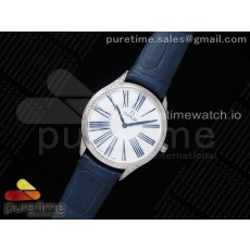 오메가 드빌 트레소르 퀴츠 화이트다이얼 블루마커 가죽스트랩 De Ville Tresor Quartz 36mm Ladies SS White Dial Blue Markers on Blue Leather Strap Ronda Quartz