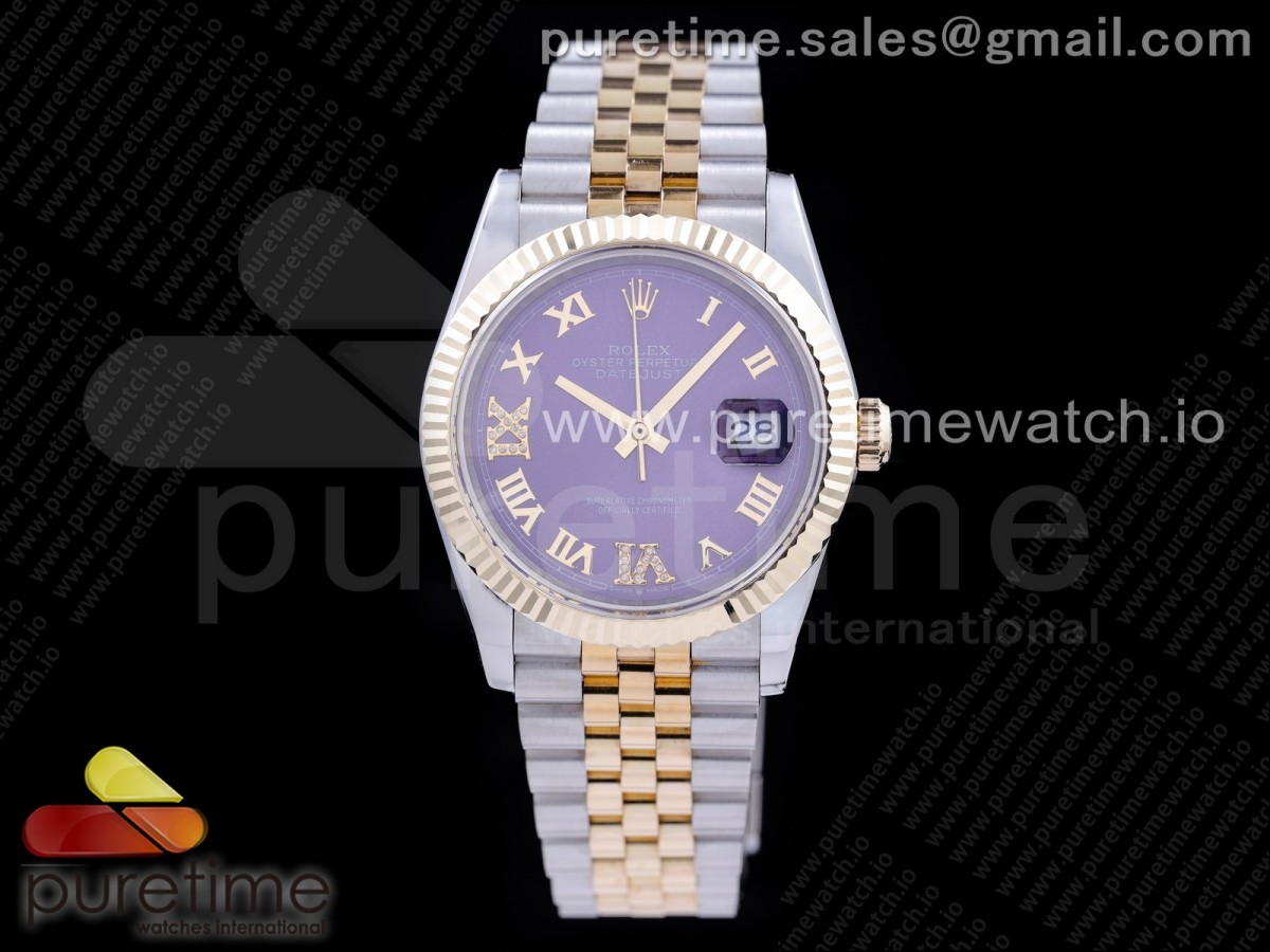 GM공장 롤렉스 데이저스트 36 옐로우골드콤비 포금 퍼플다이얼 브레이슬릿 DateJust 36 SS/YG 126233 GMF Gold Wrapped 904L Steel Purple Dial Diamond Roman Markers on Jubilee Bracelet SA3235