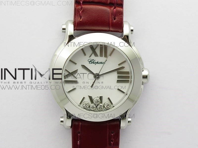 ZF공장 쇼파드 해피스포츠 자개다이얼 가죽스트랩 Happy Sport Mini SS ZF MOP Dial on Red Leather Strap Swiss ETA 955.112