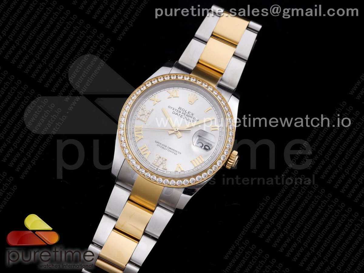 EW공장 롤렉스 데이저스트 36 옐로우골드콤비 다이아몬드베젤 실버다이얼 DateJust 36 SS/YG 126283 Diamonds Bezel EWF 1:1 Best Edition Silver Dial Roman Markers on Oyster Bracelet A3235