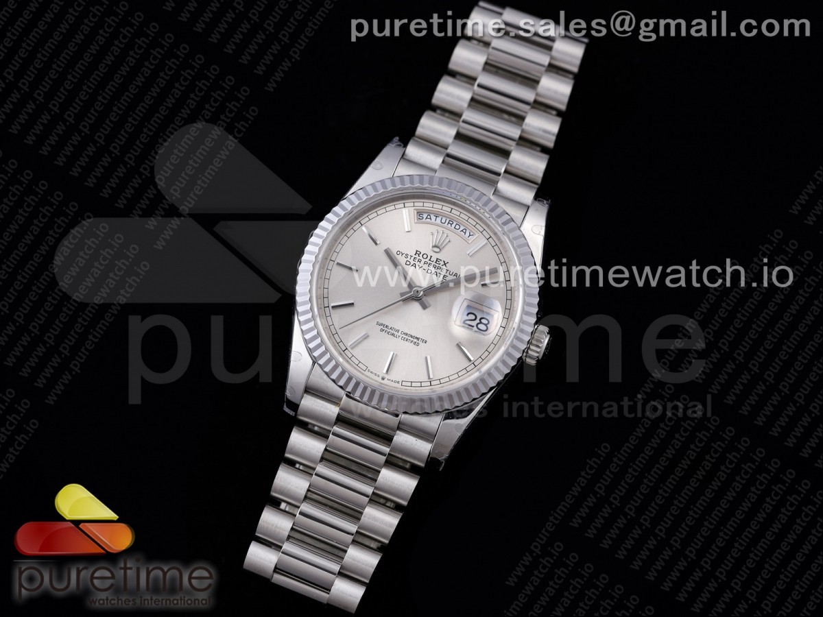 GM공장 롤렉스 데이데이트 36 실버다이얼 프레지던트브레이슬릿 2836 Day Date 36 128239 GMF 1:1 Best Edition 904L Steel Silver Dial Stick Markers on Bracelet A2836