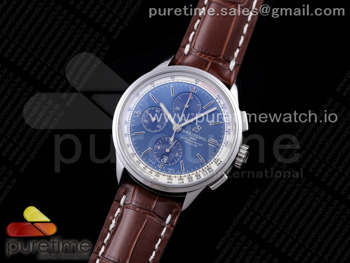 OX공장 브라이틀링 프리미에르 블루다이얼 가죽 Premier Chronograph 42 OXF 1:1 Best Edition Blue Dial on Brown Leather Strap A7750