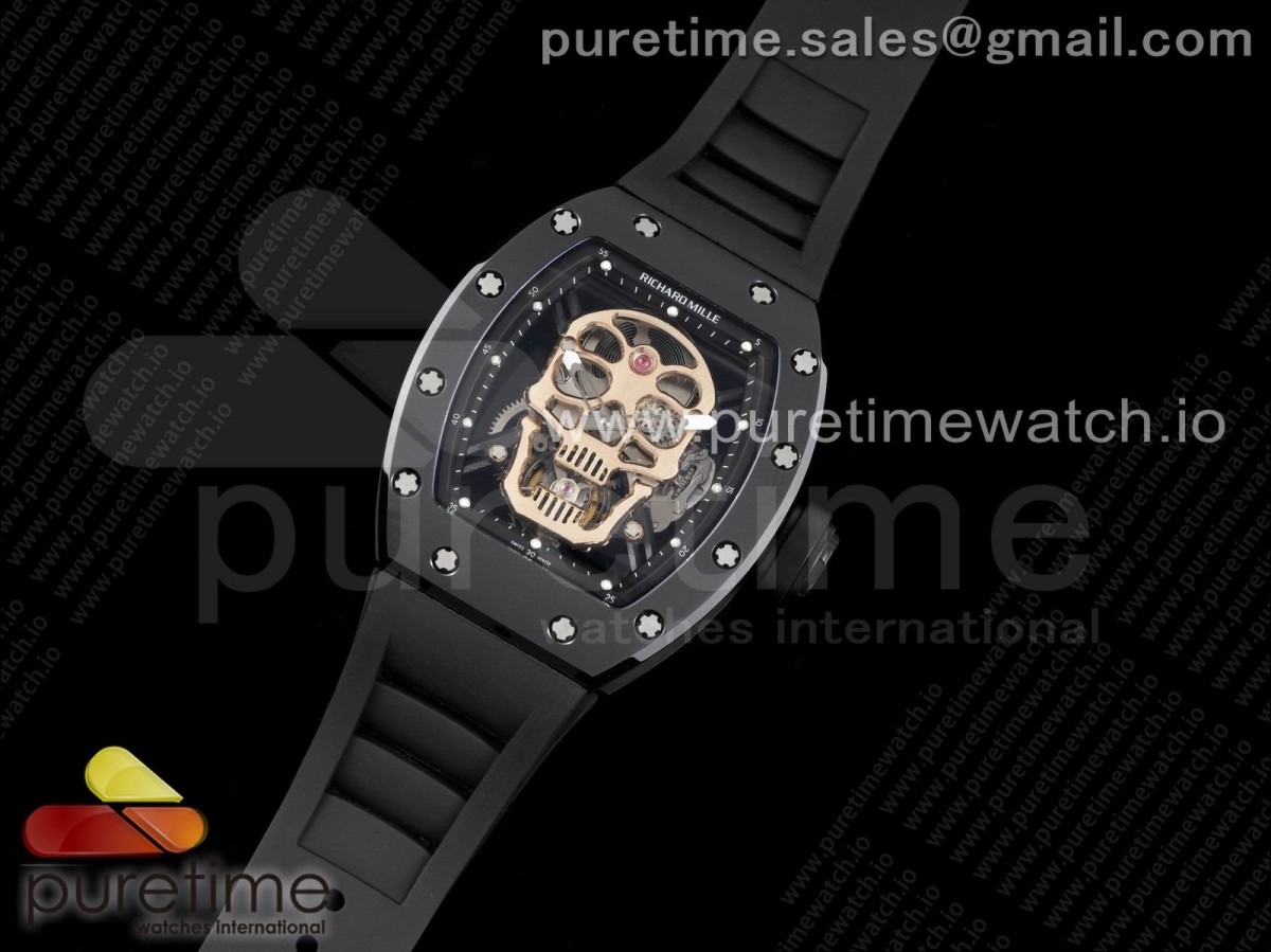 JB공장 RM052 세라믹 뚜르비용 러버 실버버클 RM052 Skull Sandblasted Black Ceramic Real Tourbillon JBF 1:1 Best Edition RG Skull Dial on Black Rubber Strap