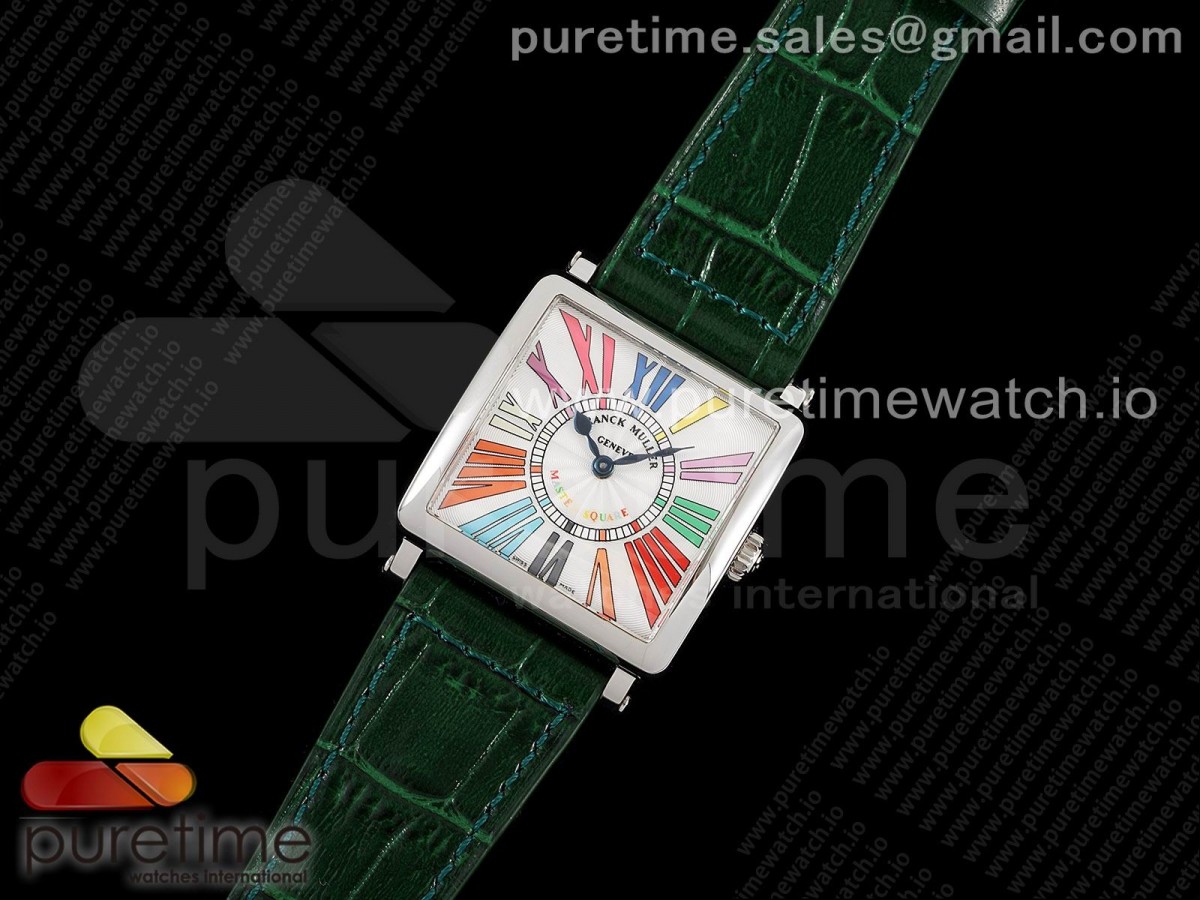 ZF공장 프랭크뮬러 마스터스퀘어 화이트다이얼 가죽스트랩 Master Square SS Ladies ZF 1:1 Best Edition White Colorful Roman Dial on Green Leather Strap Ronda Quartz