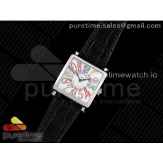 ZF공장 프랭크뮬러 마스터스퀘어 화이트다이얼 가죽스트랩 Master Square SS Ladies ZF 1:1 Best Edition White Colorful Arabic Dial on Black Leather Strap Ronda Quartz