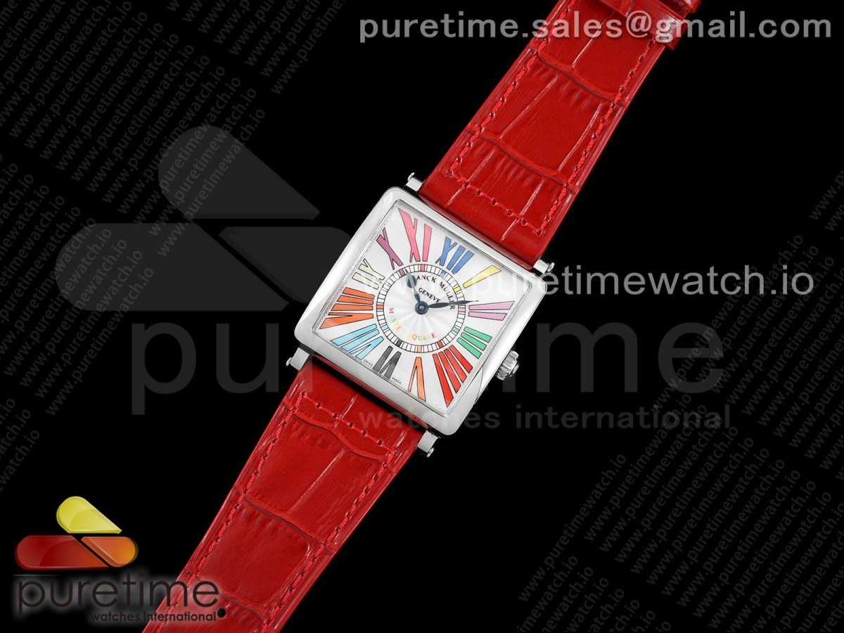 ZF공장 마스터스퀘어 화이트다이얼 가죽스트랩 Master Square SS Ladies ZF 1:1 Best Edition White Colorful Roman Dial on Red Leather Strap Ronda Quartz