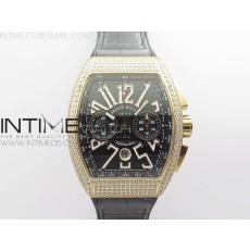 AB공장 뱅가드 로골 블랙다이얼 거미스트랩 Vanguard V45 Chrono RG pave crystals ABF Best Edition Black Dial on Black Gummy Strap A7750