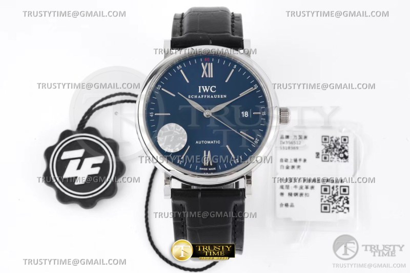 ZF공장(AF) IWC 포르토피노 오토메틱 40 스틸 블루다이얼 실버핸즈 가죽스트랩 Portofino Automatic 40mm SS/LE Blue/SS Stk ZF A9019