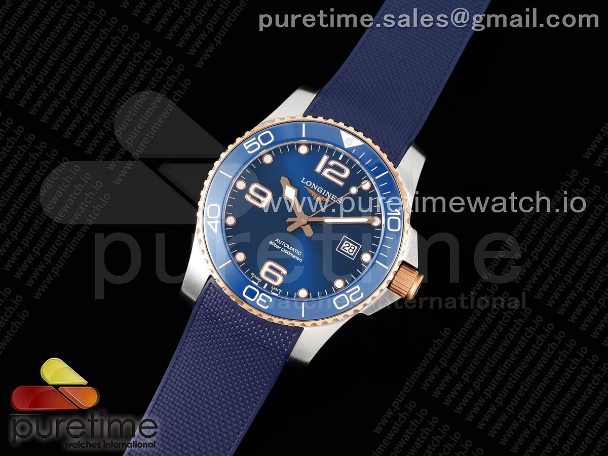 ZF공장 론진 하이드로콘퀘스트 로즈골드콤비 블루다이얼 러버스트랩 Conquest SS/RG Blue Ceramic Bezel SS ZF 1:1 Best Edition Blue Dial on Blue Rubber Strap A2824