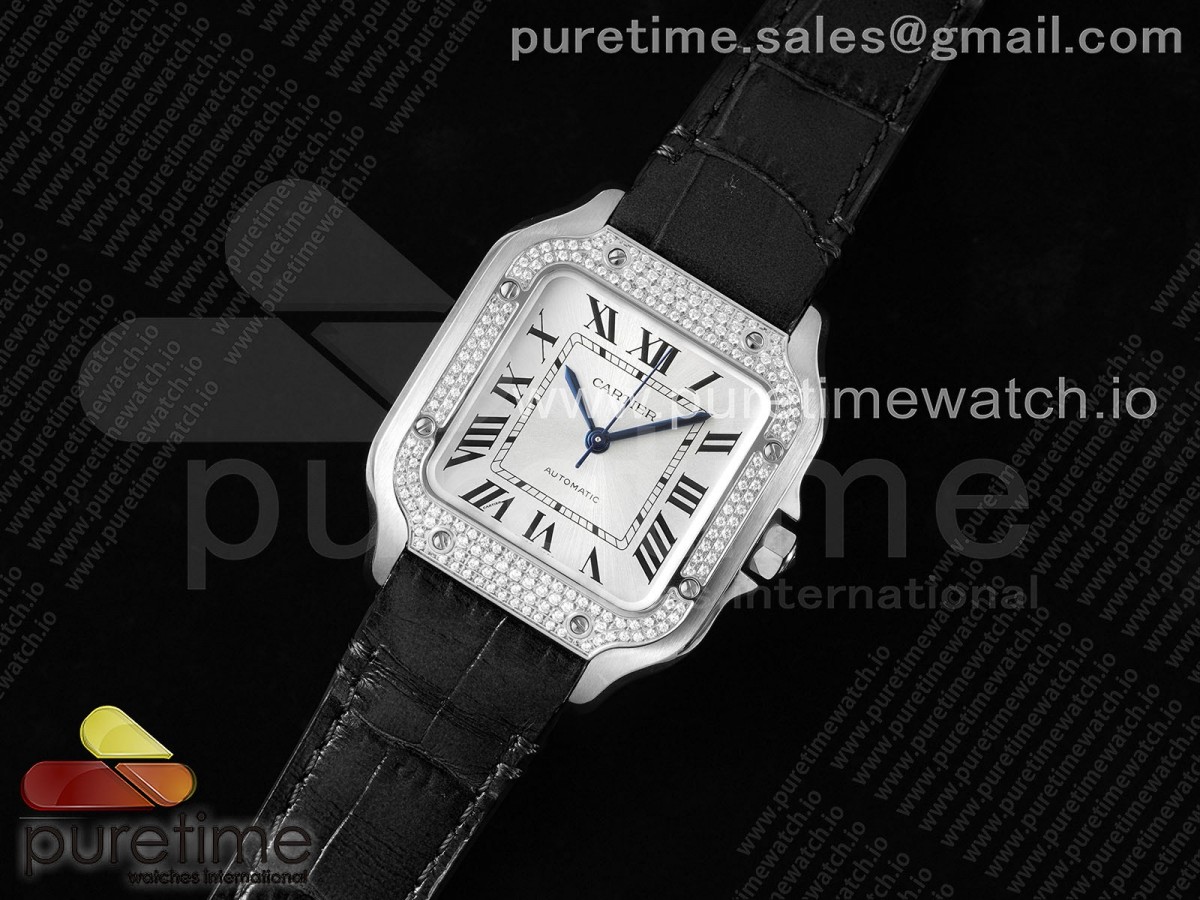 3K공장 까르띠에 산토스 미디움 35 스틸 다이아몬드베젤 화이트다이얼 가죽스트랩 Santos de Cartier 35mm 3KF 1:1 Best Edition White Dial Diamonds Bezel on Black Leather Strap MIYOTA 9015