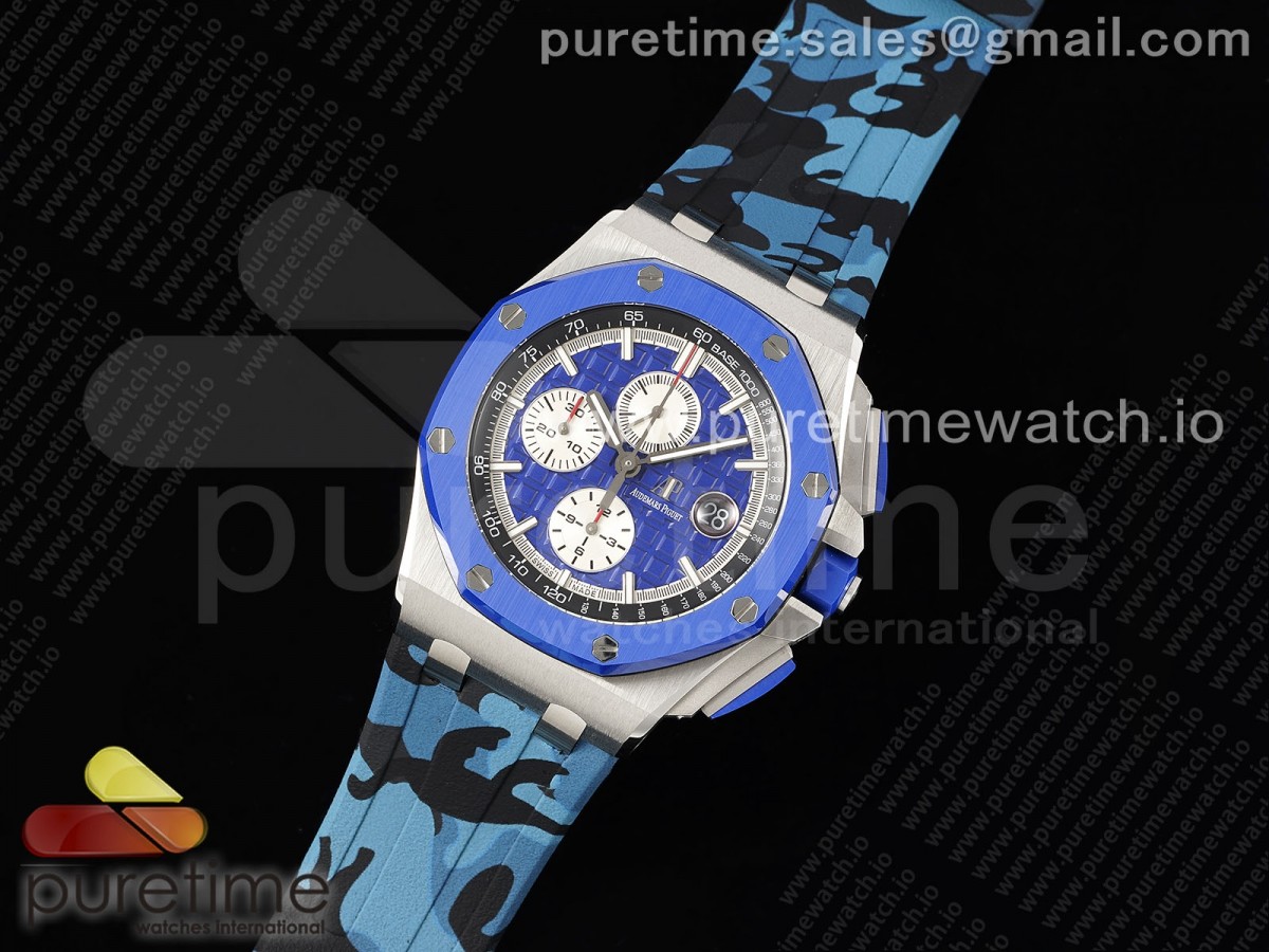 AP공장 오데마피게 로얄오크오프쇼어 44mm 블루세라믹베젤 블루다이얼 러버스트랩 Royal Oak Offshore 44mm Blue Ceramic Bezel APF 1:1 Best Edition Blue Dial on Blue Camou Strap A3126 V2