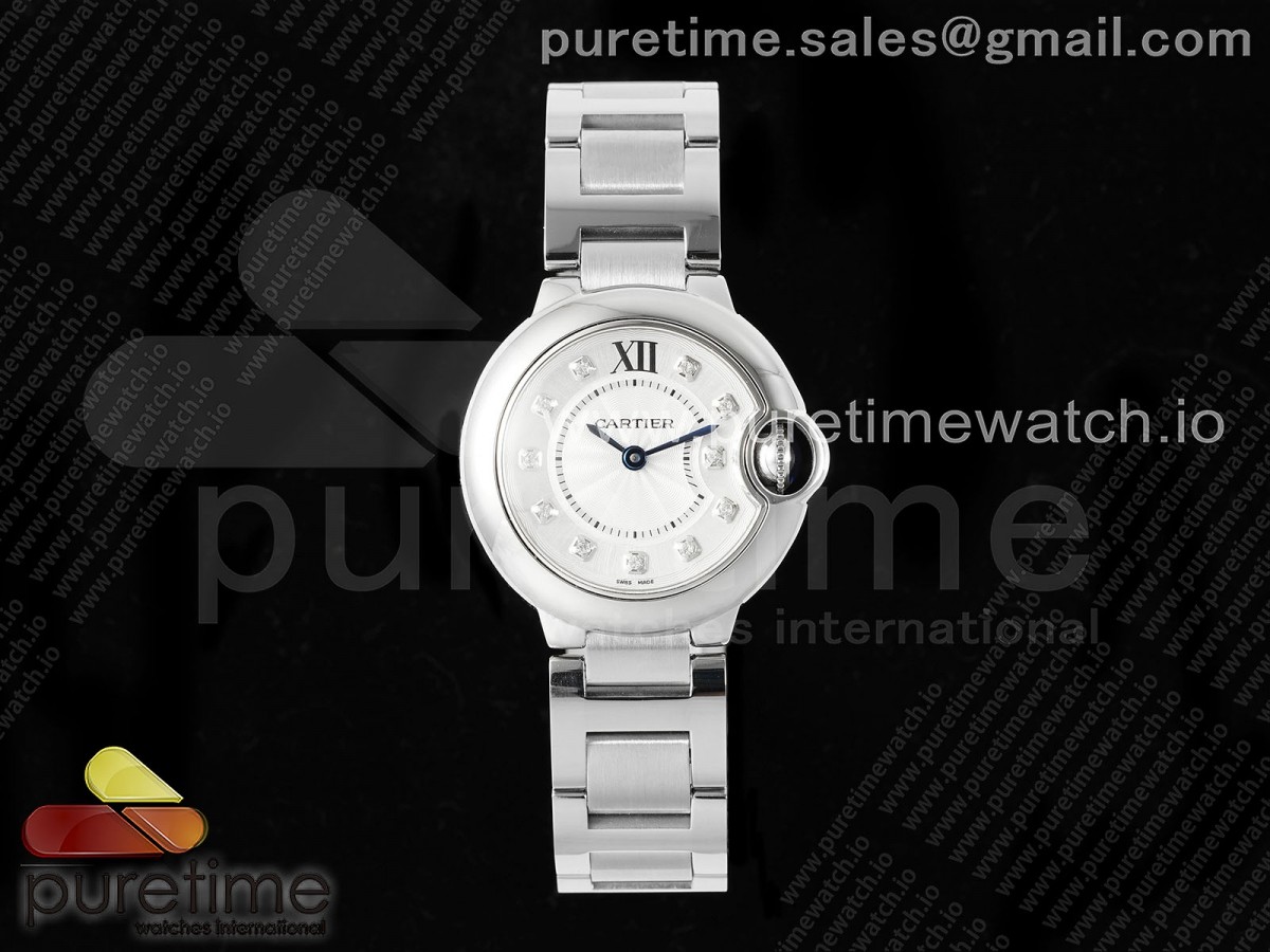 AF공장 까르띠에 발롱블루 28mm 화이트다이얼 다이아몬드인덱스 브레이슬릿 Ballon Bleu Ladies 28mm SS AF 1:1 Best Edition White Diamonds Dial Bezel on SS Bracelet Ronda Quartz